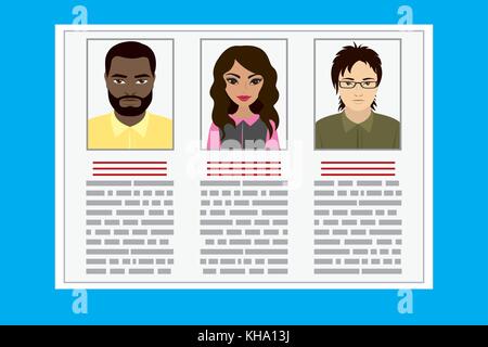 Curriculum vitae recruitment candidate job position.concept of the job interview with business resume. Cartoon flat vector illustration. Stock Vector
