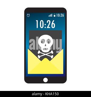 Cell phone and envelope with black document and skull icon Stock Vector