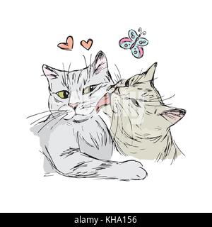 A pair of cats in love, hand drawing isolated on white backgroun Stock Vector