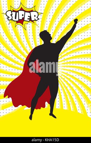Super Hero silhouette and text SUPER in retro comic pop art styl Stock Vector