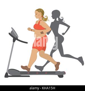Fat girl running on a treadmill with her thin shadow Stock Vector