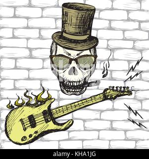 Rock and roll skull in hat and glasses ,guitar . Hand drawing. Vector illustration Stock Vector
