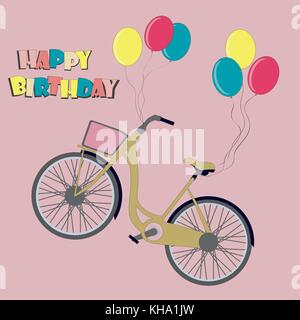 happy birthday design with the bike hanging on balloons, vector illustration Stock Vector