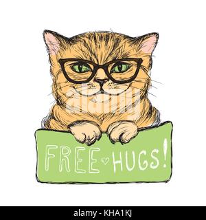 Cute cat wearing glasses with a sign free hugs,on white background, vector illustration Stock Vector