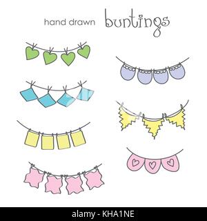 Hand drawn doodle bunting flags set. Doodle birthday party design elements, vector Stock Vector