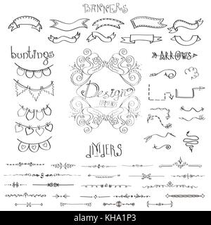 hand drawn design elements: flowers,arrows, dividers, banners, ribbons, vector on white Stock Vector