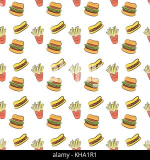 Fast food seamless pattern.Cheeseburger,hotdog,French fries.For takeaway or fast food cafe design. Vector Stock Vector