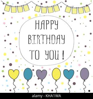 cute happy birthday party card with cake and candles. vector illustration Stock Vector