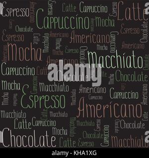 Coffee words background, vector illustration on black background Stock Vector