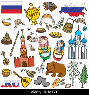 Set icons or objects,elements.Russian symbols, travel Russia, Russian traditions. Set of colorful flat style design . Vector illustration. Stock Vector