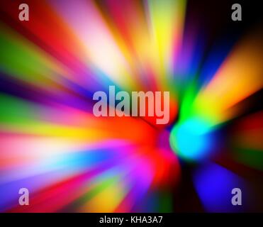 Multi color zoom blurred bokeh lights on a black background. Stock Photo