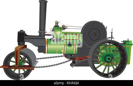 A Detailed Vector Illustration of a Green Black and Brass Coloured Steam Powered Road Roller Traction Engine with Brass Fittings isolated on White Stock Vector