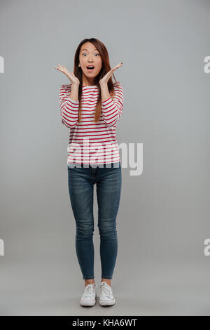 Full length image of shocked asian woman in sweater holding hands near the face and looking at the camera over gray background Stock Photo