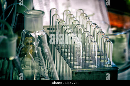 Test tubes in stand background Stock Photo