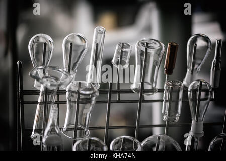 Chemistry glassware in laboratory, clean beakers ready to be used Stock Photo