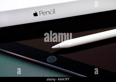 Tambov, Russian Federation - August 23, 2017 Apple Pencil on Apple iPad Pro 10.5 and pencil box. Green background. Studio shot. Stock Photo