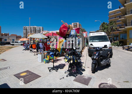 PALMA DE MALLORCA, BALEARIC ISLANDS, SPAIN - MAY 25, 2017: Souvenir shop in a corner on Playa de Palma beach May 25, 2017 in Palma de Mallorca, Balear Stock Photo