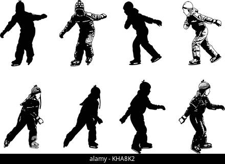 ice skating kids silhouettes - vector Stock Vector