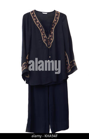 Crepe Two Piece Outfit with Gold Embroidery on neckline and sleeves Stock Photo