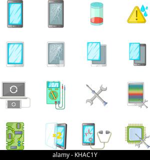 Broken phones fix icons set, cartoon style Stock Vector