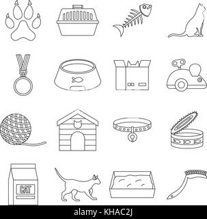 Cat care tools icons set, outline style Stock Vector