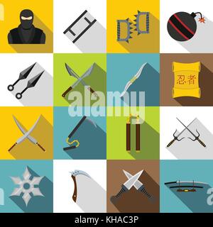Ninja tools icons set, flat style Stock Vector