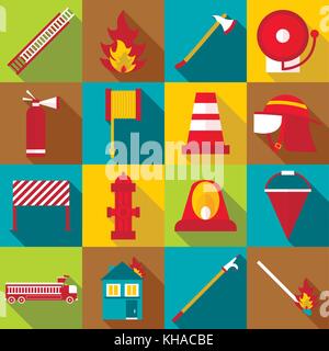 Fireman items icons set, flat style Stock Vector