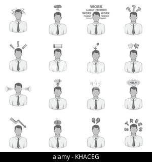 Stress icons set, monochrome style Stock Vector