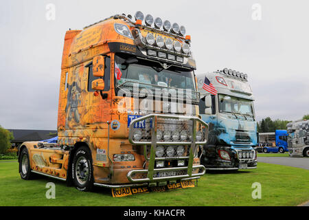 ALAHARMA, FINLAND - AUGUST 8, 2015: DAF XF 105 Herpa Truck 10 with Ancient Egypt theme and DAF Tom-Tech with Viking theme in Power Truck Show 2015. Stock Photo