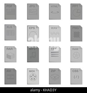 File extension icons set, monochrome style Stock Vector