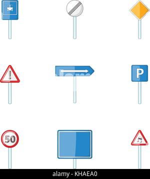 Different traffic signs icons set, cartoon style Stock Vector