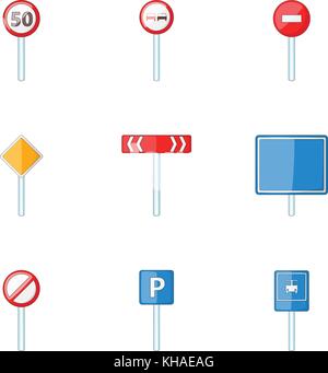 Different road signs icons set, cartoon style Stock Vector