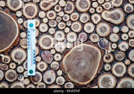 Wood thermometer calibrated in degrees celsius on the wooden wall, Stock Photo