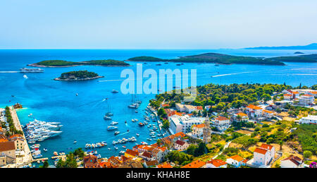 Summer panorama of Hvar town and Paklinski Islands in Croatia, Mediterranean. Stock Photo