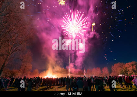 A colourful public firework display, held to celebrate the 5th of November. Held in Malmesbury, Wiltshire,UK Stock Photo