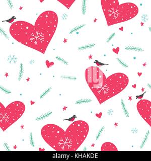 Seamless Christmas pattern with hearts, bullfinches and conifer branches Stock Vector