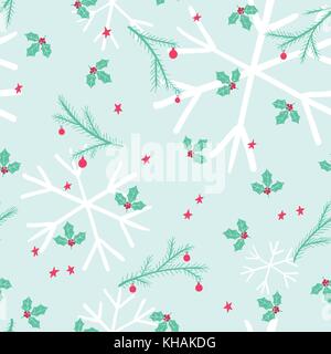 Christmas seamless pattern with holly and decorated conifer branches Stock Vector