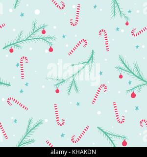 Seamless christmas pattern with striped candies and decorated conifer branches Stock Vector