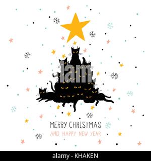 Cute christmas card with christmas tree made of cats Stock Vector