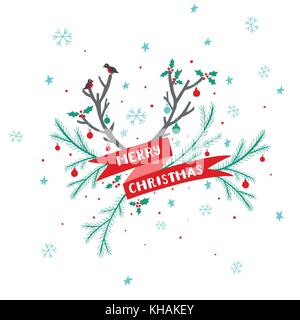 Christmas card with deer horns, christmas decorations, birds, conifer branches, ribbon, stars and snowflakes Stock Vector