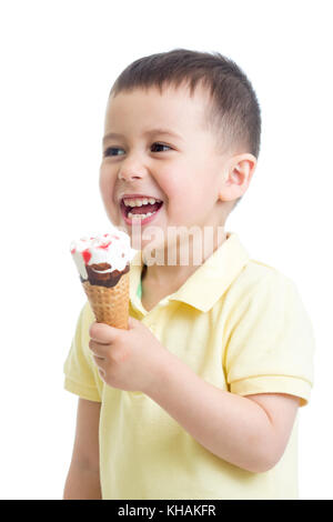 Child boy eating ice cream isolated on white Stock Photo