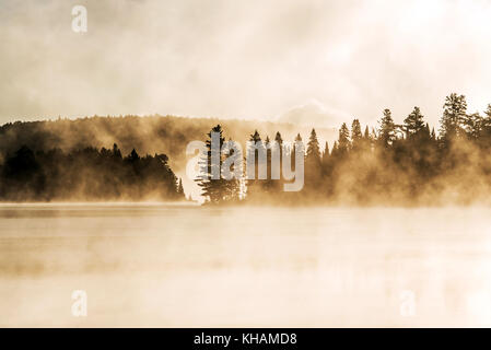 Lake of two rivers in algonquin national park ontario canada sunset sunrise with fog foggy mystical atmosphere background Stock Photo