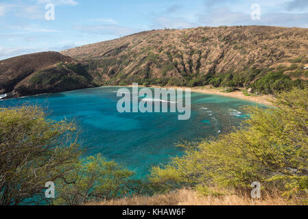 Hanauma Bay, which formed within a volcanic cone, is a protected marine life conservation area Stock Photo