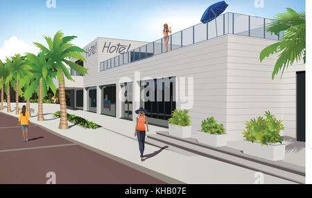 Vector Dalmatian Riviera Hotel, Bright Sunny Day With Beautiful Girls in The Scene, Eps 10 Vector, Transparency and Gradient Mesh Used Stock Vector