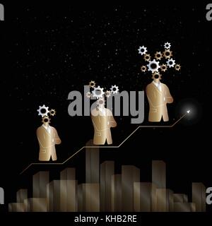 Business and technology progress / growth. Black and gold elegant background. Including businessman and gears symbol. Stock Vector