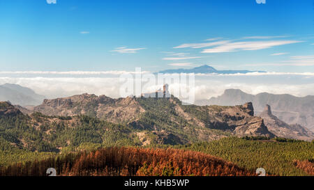 Mountain views inland from Pico de las Nieves mirador (the summit of Gran Canaria) over to Roque Nublo and Teide on Tenerife, Canary Islands, Spain Stock Photo