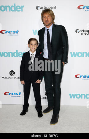 Westwood, Ca. 14th Nov, 2017. Jacob Tremblay, Owen Wilson, at Premiere Of Lionsgate's 'Wonder' on November 14, 2017 at the Regency Village Theatre in Westwood, California. Credit: Faye Sadou/Media Punch/Alamy Live News Stock Photo