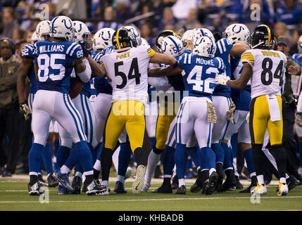Indianapolis, Indiana, USA. 12th Nov, 2017. Players scuffle during NFL football game action between the Pittsburgh Steelers and the Indianapolis Colts at Lucas Oil Stadium in Indianapolis, Indiana. Pittsburgh defeated Indianapolis 20-17. John Mersits/CSM/Alamy Live News Stock Photo
