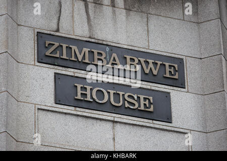 London, UK. 15th Nov, 2017. A sign indicating the site of Zimbabwe House in the Strand. Credit: Mark Kerrison/Alamy Live News Stock Photo