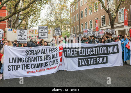 London, UK. 15th Nov, 2017. Students from the University of London demanding free education protested against tuition fees and debt. Tuition fees were first introduced in  1998 under a  Labour government in the United Kingdom as a means of funding tuition to undergraduate and postgraduate certificate students at universities, with students being required to pay up to £1,000 a year for tuition Credit: amer ghazzal/Alamy Live News Stock Photo